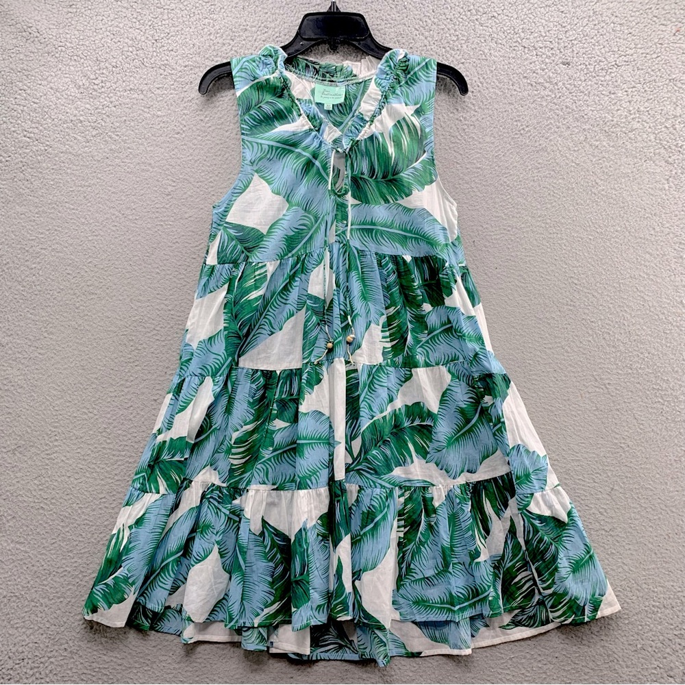 True Destinations Resort Wear White Green Palm Print Sleeveless Dress Tassels XS